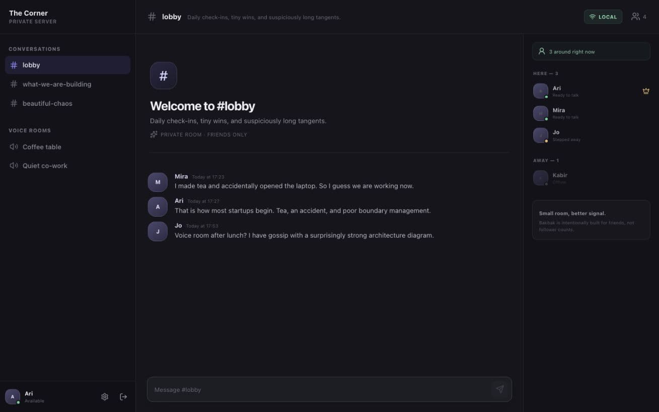 Bakbak desktop app preview using fictional room and member data